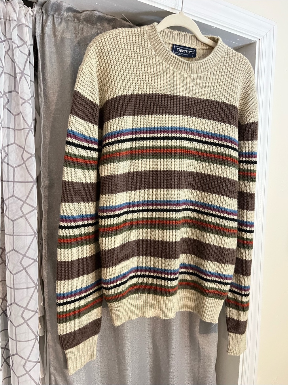 VTG 70s Striped Ribbed Knit Sweater Cream Brown Grandpa Cosby Made in USA L